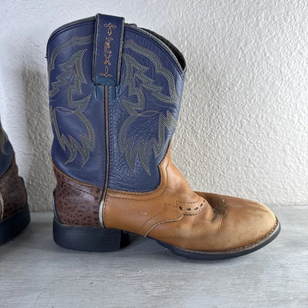 Tony Lama Mid Calf Brown/Navy  Embroidered TLX Western Cowboy Kids 1.5